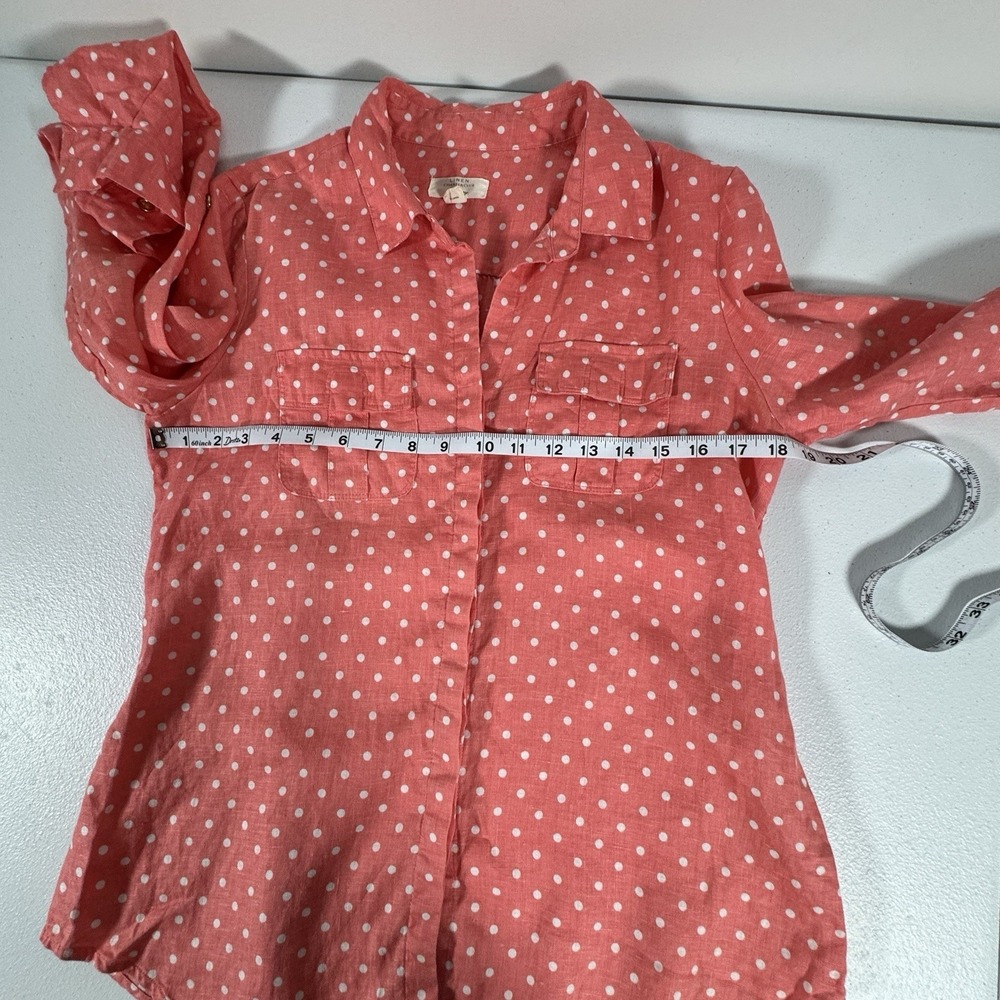Charter Club Luxury Linen Shirt Womens M Coral Polka Dot Tab Sleeve Button Up - Picture 7 of 10